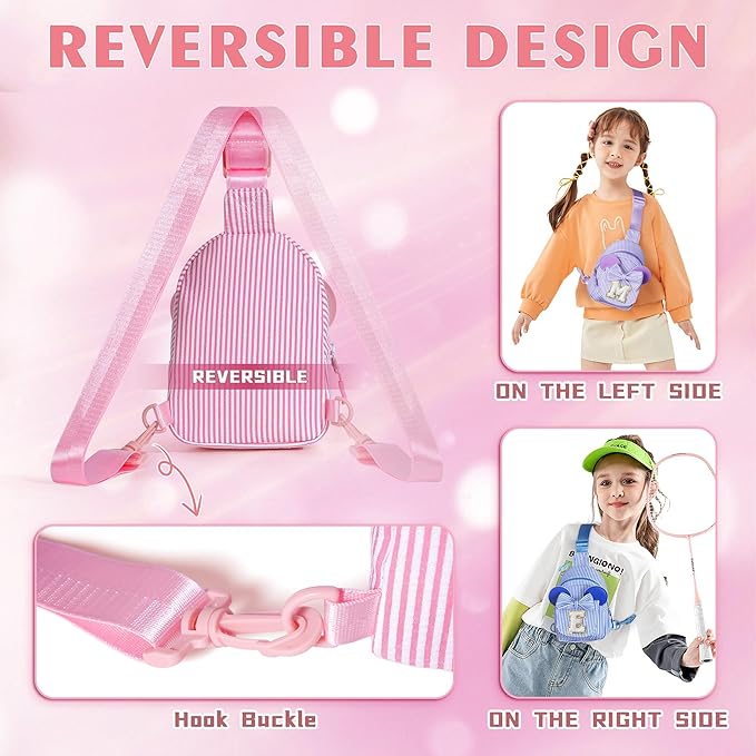 Birthday Gifts for Girls, Sling Bags for Girl Kid Travel, Birthday Gifts for 2 3 4 5 6 7 Year Old Girls Small Initial Pink Cross Fanny Packs Sling Bag for Daughter Gift (Pink T)