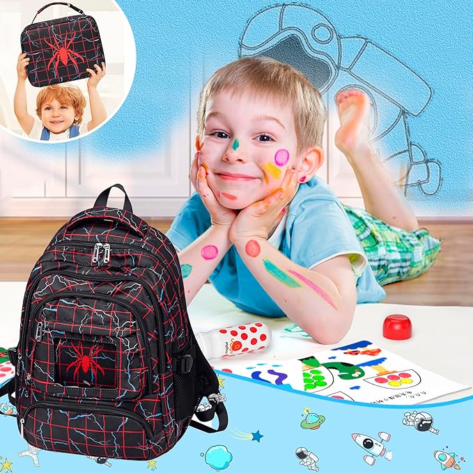 FunnyGifts Boys Backpacks with Lunch Box for Kids School Bookbag with Lunch Bag for Elementary Kindergarten Preschool Sticker for Backpacks Mochila Para Niños 4 5 6 7 8 9 10 11 12