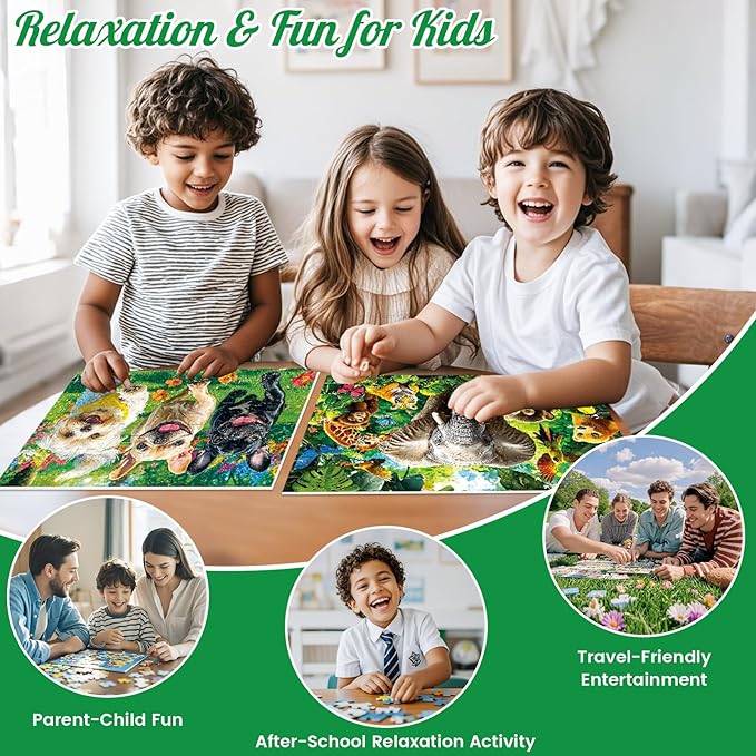 3-Pack 100 Piece Puzzles for Kids,Dogs Rabbits Animals Puzzle for Kids Age 4-6 6-8 8-10,Unique Large Piece Jigsaw Puzzle,Recycled Paper,Bright & Colorful Educational Puzzle,Great Gift for Boys Girls