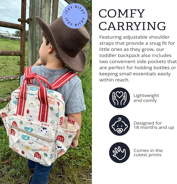 Itzy Ritzy Toddler Backpack - Daycare Bag - Features Adjustable Shoulder Straps, 2 Side Pockets & Spacious Interior with Wipeable Fabric Lining & Name Label, Farm Backpack