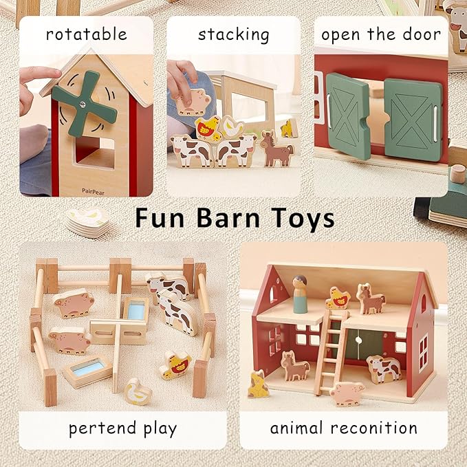 PairPear Wooden Barn & Tractor Farm Playset, 31 Piece Pretend Farm Animal Toy Set with Barn, Tractor & Trailer, Montessori Learning Gift for Toddlers Ages 3+