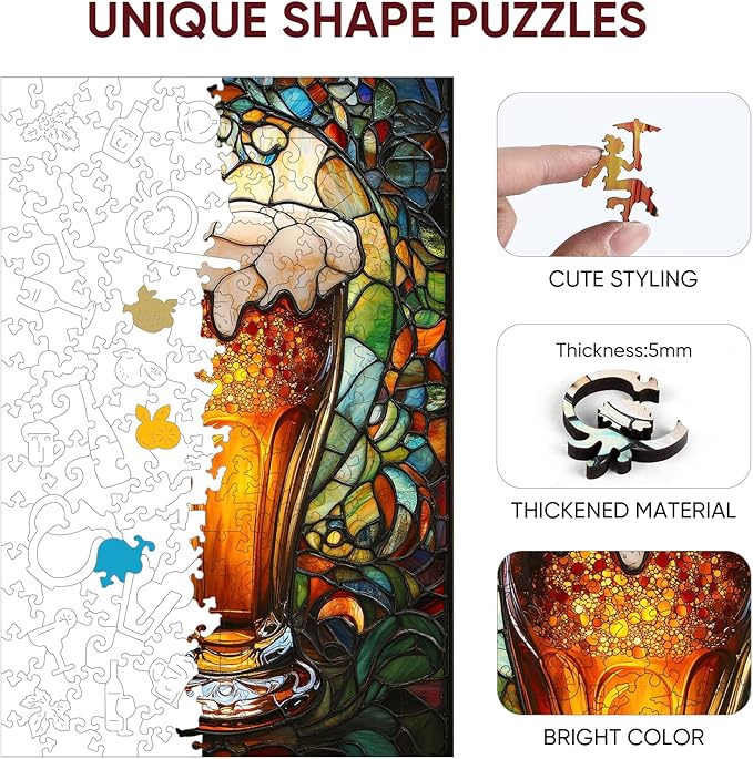 delobil Wooden Puzzles for Adults, 5MM Thick Beer Jigsaw Puzzle 200 Piece, Unique Shaped Wood Puzzle Birthday Gifts for Friends and Family Game10.9 * 7.3Inch