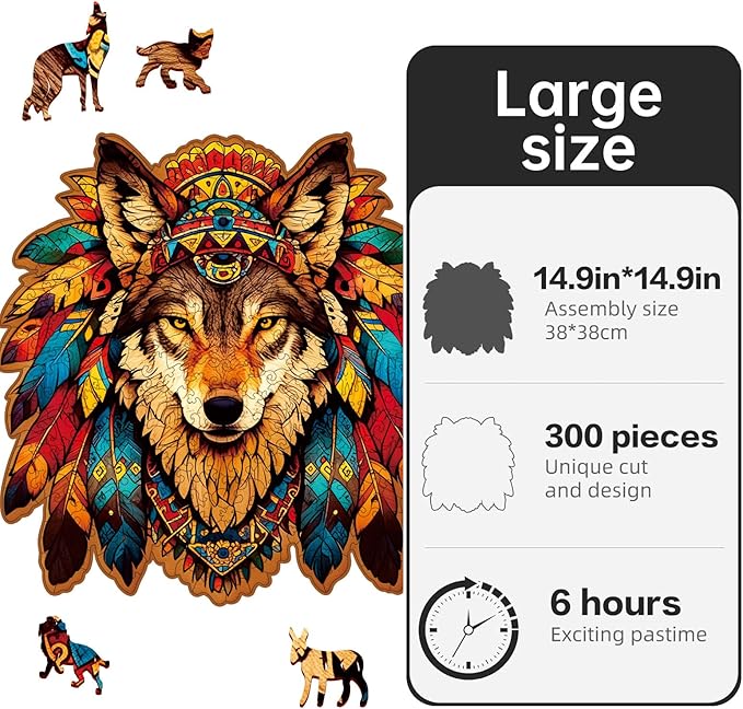 Wooden Puzzle for Adults,Wolf Totem Style Jigsaw Puzzles 300 Piece,Unique Shape Puzzle Challenge 14.9 x 14.9 Inch,Birthday Gifts Family Game
