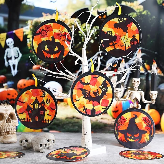 Funrous 32 Set Halloween Suncatchers Crafts Kit Orange Pumpkin Suncatcher Paper Crafts with Tissue Paper DIY Window Stained Glass Decor Hanging Ornaments for Halloween DIY Activities Party Favors