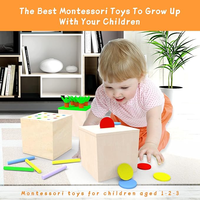 Adena Montessori 3 in 1 Wooden Montessori Play Kit Baby Toys,Includes Matchstick Color Drop Game,Carrot Harvest Game and Coin Box,Learning Toy for Kid 1,2,3 Year Old,Girl Boy Gift for Baby 6-12 Month