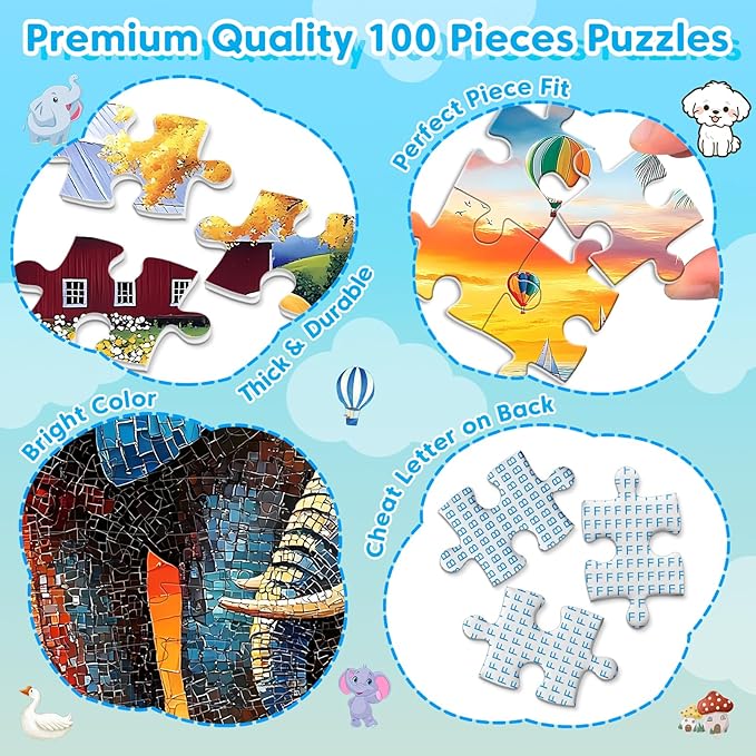 4-Pack Puzzles for Kids Ages 6-8 8-10 Year Old - Elephants, Farm, Beach, Dogs, Large Piece Puzzles for Seniors, 100 Pieces Jigsaw Puzzle for Kids Ages 4-6, Learning Educational Toys