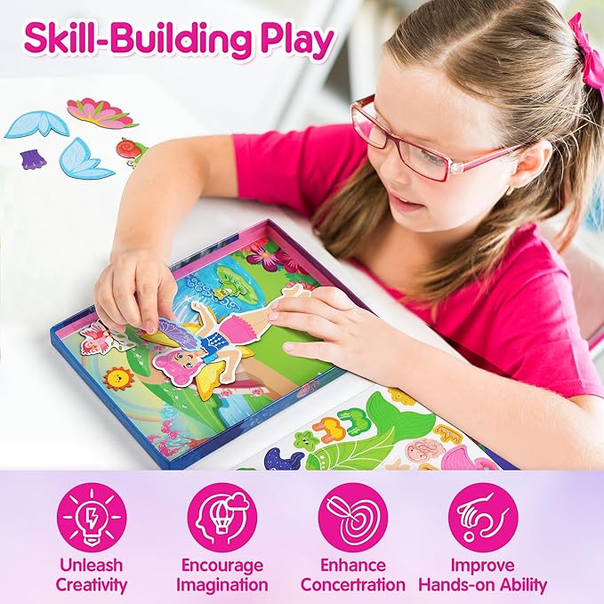 Mocoosy Magnetic Dress Up Dolls for Girls, Princess Mermaid Fairy Ballerina Magnet Dolls Dress Up Kits, Travel Game Car Road Trip Airplane Activity Toys Birthday Gifts for Toddler Girls Ages 3 4 5 6 7