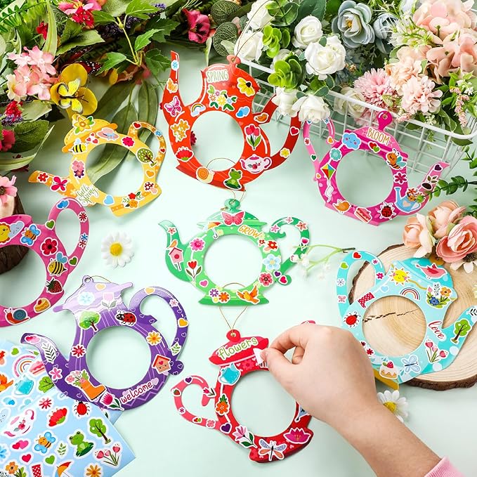 Jetec 48 Packs Mother's Day DIY Craft Kits DIY Teapot Keepsake Picture Frame Craft Gifts with Stickers for Spring Mother's Day Party Home Activities