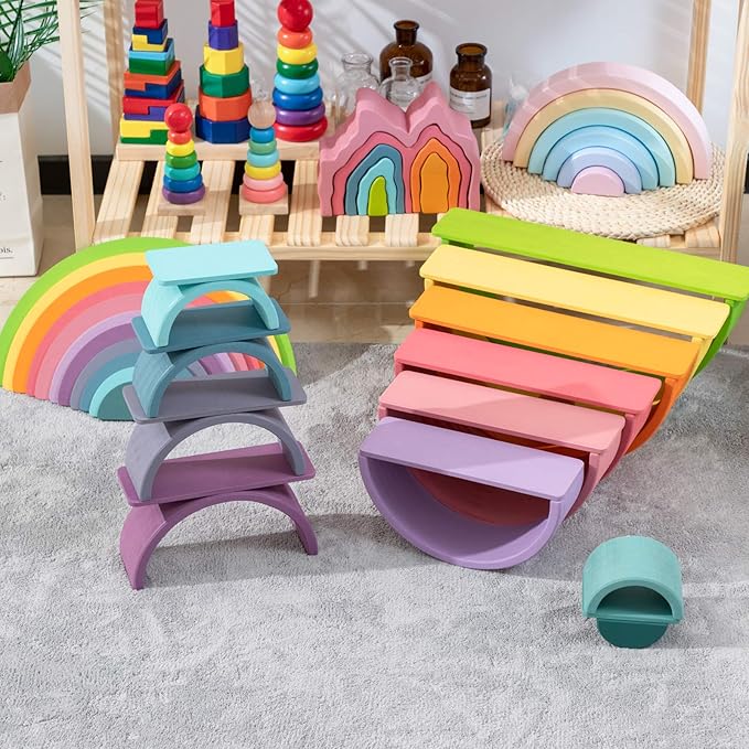 Wooden Pastel Building Board, 11Pcs Rectangle Rainbow Straight Slats, Wooden Rainbow Stacking Toy, Learning Creative Thinking Toys