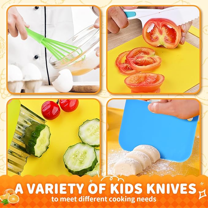 17PCS Kids Cooking Sets Real Cooking Montessori Kitchen Toys for Toddlers Kids Safe Knives for 2/3/4/5/6/7/8 Year Old