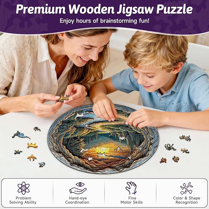 Nature Art Wooden Jigsaw for Adults - Unique Animal Shaped Wood Jigsaw Puzzle, 454 Pieces Large Size Adult Wooden Puzzles, Round Cave Stunning Sunset Forest Scene Landscape Wood Puzzle