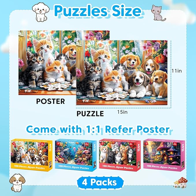 4 Packs 100 Piece Puzzles for Kids Ages 4-6 6-8 8-10, Sea World Cats&Dogs Mushroom House Educational Jigsaw Puzzles, Kids Puzzles 5-8 Gifts for Girls Boys