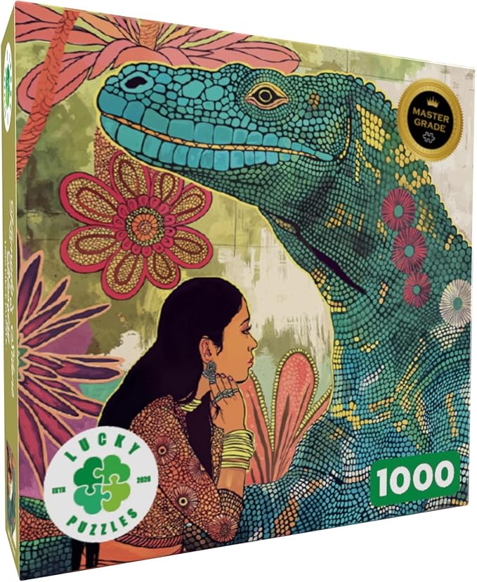 Lucky Puzzles - Komodo’s Silent Blessing - 1000 Piece Jigsaw Puzzle for Adults | Spiritual Puzzle of Woman and Komodo Dragon | Challenging Puzzle for Nature & Animal Lovers