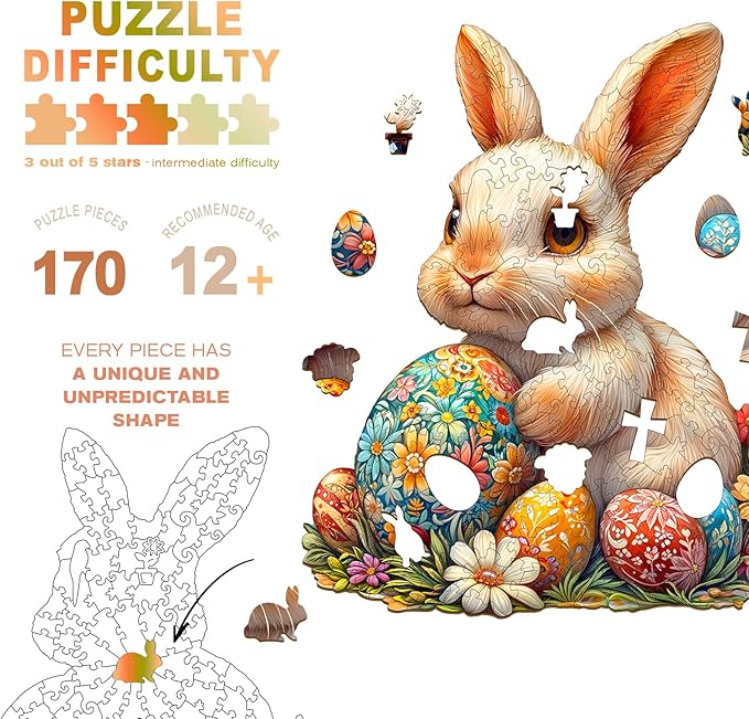 Wooden Puzzles for Adults - Wonderful Easter Bunny Wooden Puzzles - Unique Shaped Wooden Jigsaw Puzzles - Animal Wooden Puzzle Creative Bunny Gifts - Puzzle Toys - (170pcs)