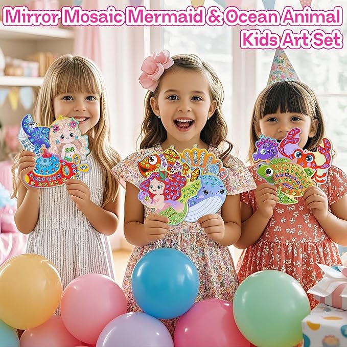 iGetooy 10 Sets DIY Mosaic Stickers for Kids, Mermaid Art Craft Kit with 720+ Stickers, Travel Toys for Kids, Birthday Gifts for Girls and Boys 3-8 Year Olds