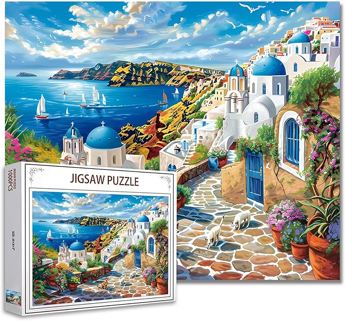 Jigsaw Puzzles 1000 Pieces for Adults-Greek Islands Hardboard Puzzle-Challenging Puzzle Perfect for Game Nights-DIY Home Wall Decor-Art Puzzles-Santorini White Buildings Sun Rays Art 27" x 20"