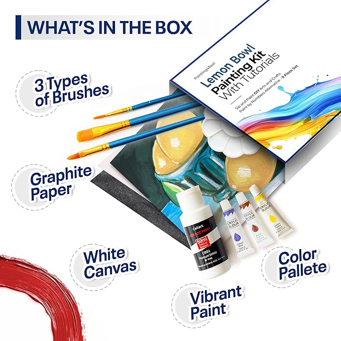 Painting4Real DIY Painting Class Kit for Adults with Video Tutorials: Learn to Paint Lemon Bowl – How to Paint with Acrylics – Painting & Art Supplies – 9 Piece Acrylic Paint Set