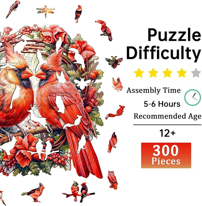 Jigfoxy Wooden Puzzles for Adults, Cardinal Wood Puzzles Adult, Unique Animal Shape Wooden Jigsaw Puzzles for Adults, Birthday Gifts for Puzzle Lovers, Family, Friend (L-13.3 * 13.3in-300 pcs)