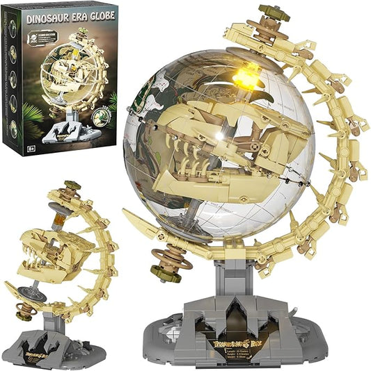 Dinosaur Skull Fossils Globe Building Set,360° Rotatable Globe Display Model with LED Light,STEM Skeleton Model Educational Toy, Gifts for Boys and Girls Ages 8+