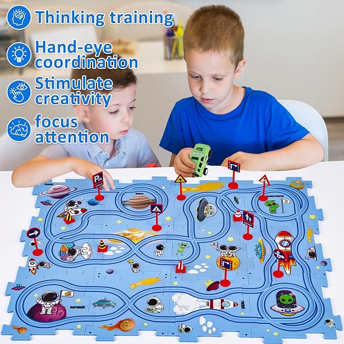 25PCS Puzzle Racer Kids Car Track Set, Puzzle Track Car Play Set, Rail Car Puzzle Track Space Themed Series, Kids Race Track Set, Educational Car Puzzle Toys Gifts for Kids