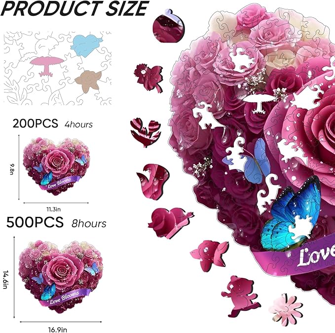 Ruikiyart Wooden Puzzles for Adults,Heart Flower Puzzles 200 Pieces,Unique Shaped Jigsaw Puzzles,Christmas Birthday Gifts for Mom Adults and Kids,Extra Thick 5MM,Fun Challenging,11.3 * 9.8 in