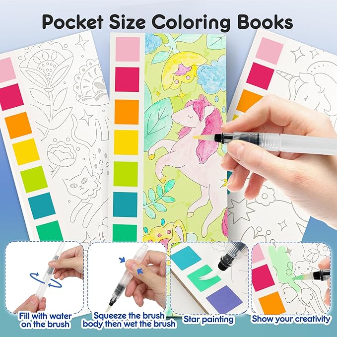 Watercolor Painting Coloring Books Pocket Watercolor Paint Bookmarks, Mess Free Paint with Water Set, Travel Activities Art Party Favors Exchange Birthday Gifts for Kids (3in1)