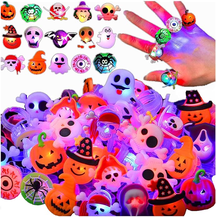 Halloween Light Up Rings 50Pcs Halloween Party Favors for kid Light Up Treat Glowing LED Ring for Kids Adults