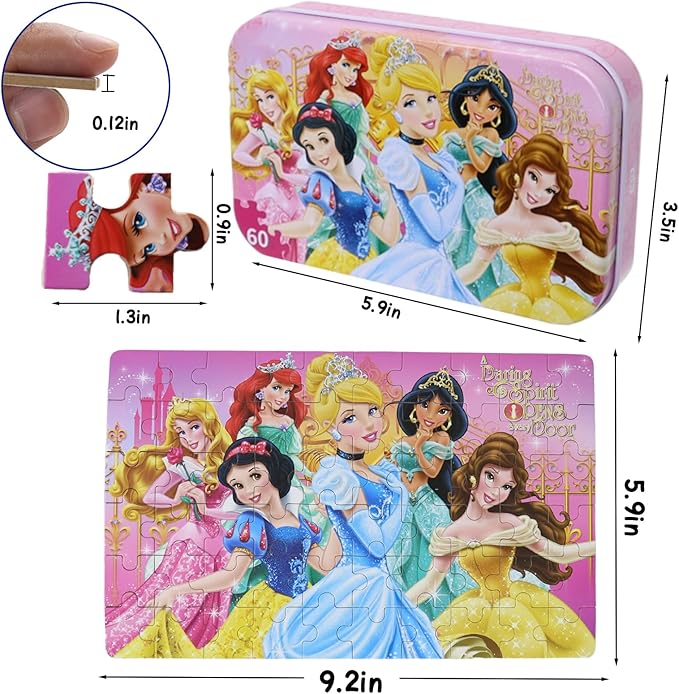 Wooden Princess Puzzles, 60 Pieces, Ages 3-5, Educational Jigsaw Puzzles for Kids, Girls and Boys Toys in Metal Box, 60 Count (0678)