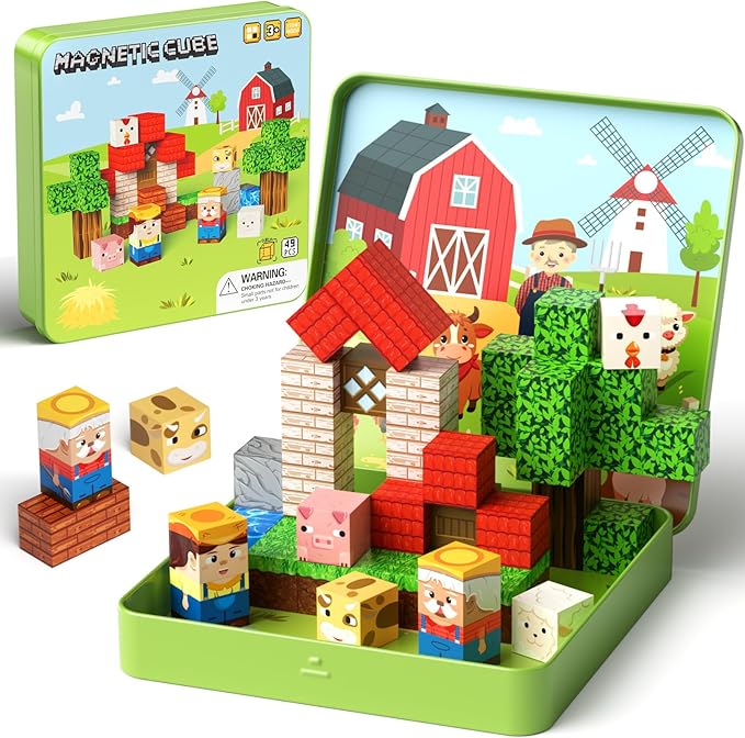 49 Pcs Farm Animals Magnetic Building Blocks Set for Toddlers 3-5, Travel Toys with Iron Storage Box, Magnetic Tiles & Cubes for Kids Ages 4-8, STEM Learning, Portable Play Base for Car Plane Trips