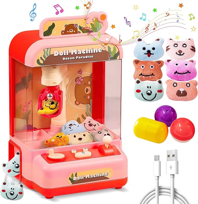 Mini Claw Machine for Kids | Girl Toys for Ages 8-13 Arcade Game Toy Claw Machine Electric Candy Vending Machine Toy with LED Lights & Adjustable Sound, Birthday Gifts for Girls Ages 4+, Red