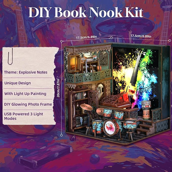 Book Nook Kit, Book Nook Kits for Adults and Teens, DIY Miniature Dollhouse Kit 3D Wooden Puzzle Booknook Bookend with LED Light