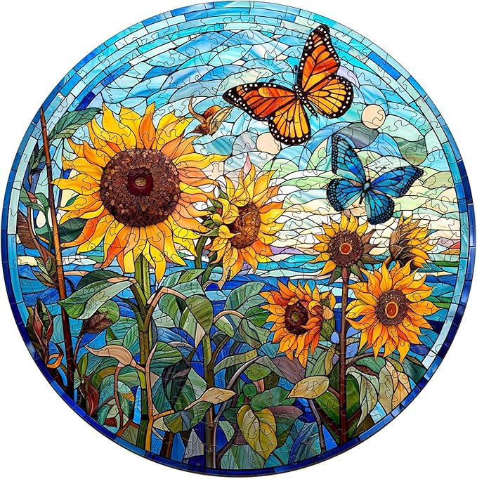 Wooden Puzzles for Adults - Glass Sunflower Wood Puzzle, Unique Shaped Wooden Jigsaw Puzzles for Adults, Wood Puzzles Adult, Perfect for Birthday Gift, Family Puzzle, 100 Pieces 8.5 x 8.5in, Small