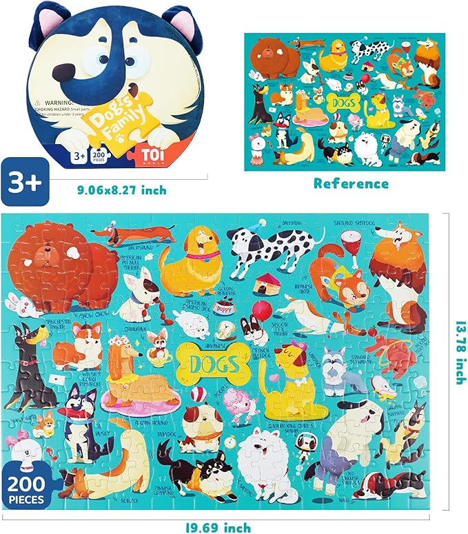 TOI Dogs Puzzle for Kids Ages 3-5, 200 Pieces Jigsaw Puzzles for Toddlers with Dog-Shaped Portable Box, Preschool Learning Dog Game for Boys & Girls Gift