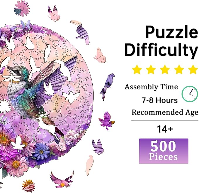 Jigfoxy Wooden Puzzles for Adults, Hummingbird Wood Puzzles Adult, Unique Animal Shape Wooden Jigsaw Puzzles for Adults, Birthday Gifts for Puzzle Lovers, Family, Friend (XL-17.3 * 16.6in-500 pcs)