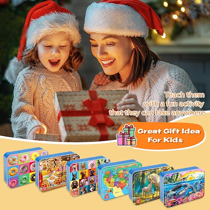 LELEMON Puzzles for Kids Ages 4-6,6 Pack 100 Piece Puzzles for Kids Ages 4-8 in a Metal Box,Educational Jigsaw Puzzles Puzzle Games Puzzle Toys for Girls and Boys