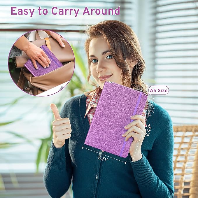 Purple Glitter Notebook, 8.4"x 5.7", 200 Lined Pages, No-Shed Sparkle Journal for Girls & Women, A5 Hardcover Diary for Writing, Birthday Gift for Teen Kids, Trendy Stuff for 6 8 9 10 11 12 Year Old