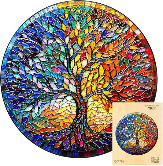 WOODBESTS Wooden Puzzles for Adults, Stained Glass Tree Wood Puzzles Adult(100 Pieces, S, 8.5 * 8.5in), Unique Shape Wooden Animal Jigsaw Puzzles, Birthday Gifts for Adults Family Game