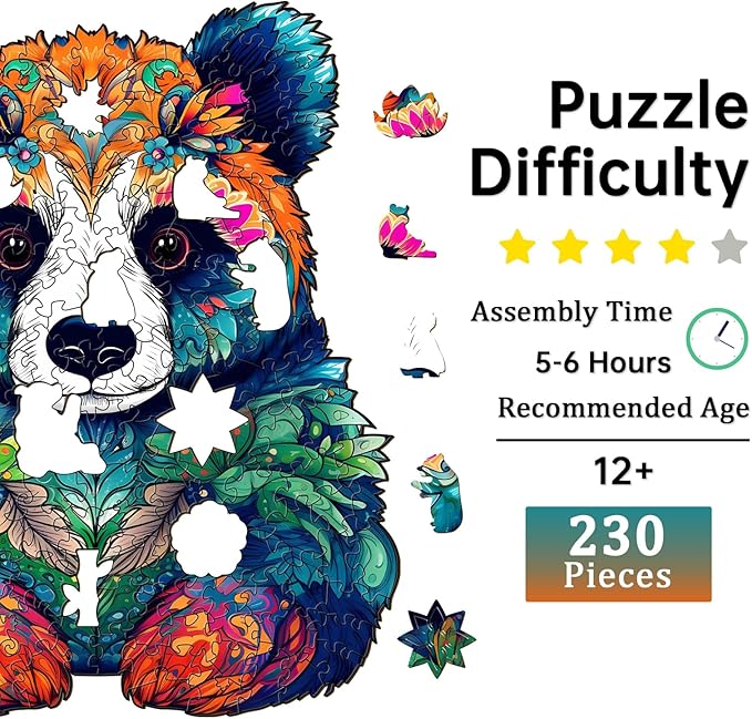Jigfoxy Wooden Puzzles for Adults, Panda Wood Puzzles Adult, Unique Animal Shape Wooden Jigsaw Puzzles for Adults, Birthday Gifts for Puzzle Lovers, Family, Friend (L-11.3 * 13.3in-230pcs)