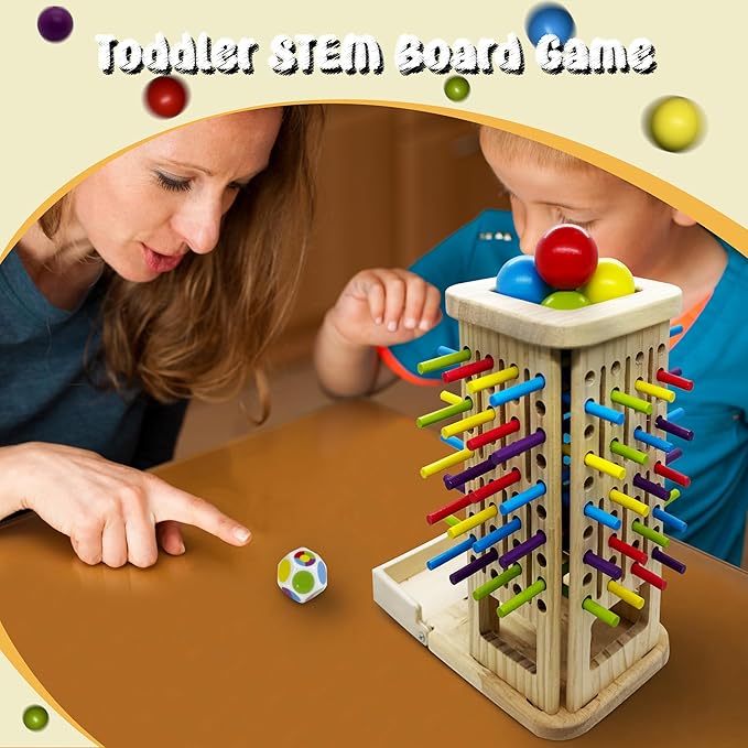 4-in-1 Board Game for Kids, Wooden Sorting & Stacking|Pick-up Sticks|Counting|Ball Drop Tower, Family Games for Kid and Adult, Montessori STEM Learning Toy for 3 4 5 6 7 8 Year Old Boy Girl
