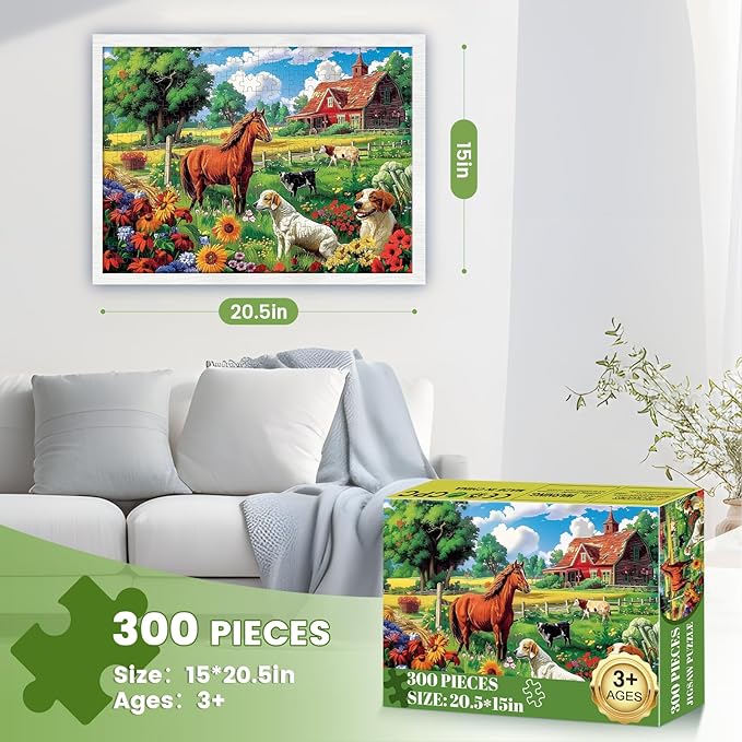 300 Piece Puzzles for Adults,Dogs and Horses Large Piece Jigsaw Puzzle for Adults Kids Seniors,Recycled Cardboard Dogs Puzzle 300 Piece,Family Activity Great Gift for Family Friends 20.5 * 15 in