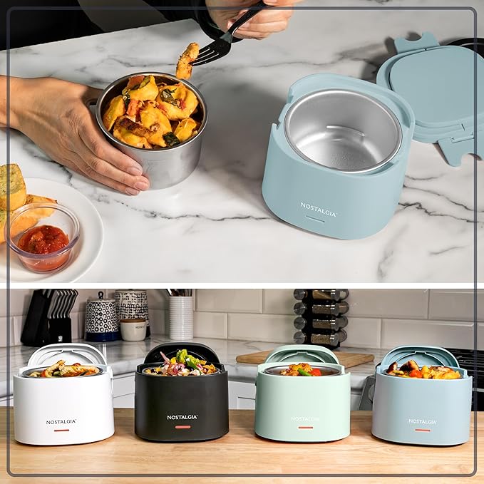 Nostalgia Portable 20-Ounce Electric Heated Lunch Box – Travel Size 2.5 Cup Capacity for Soup, Chili, and Leftovers – Leak Proof Silicone Sealed Lid, Foldable Carry Handle, Detachable Cord – Chambray