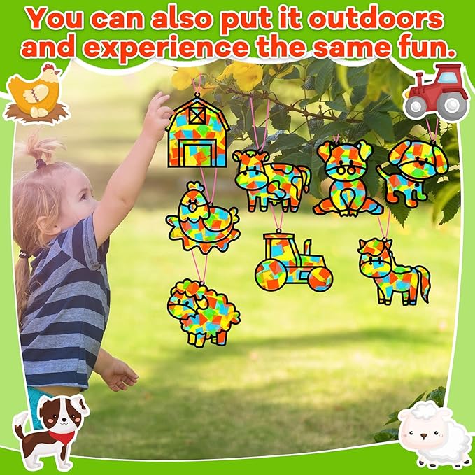 QOUBAI 32 Sets Farm Animals Suncatchers Craft Kit DIY Window Stained Glass Effect Cow Horse Chicken Paper Craft Home School Classroom Decoration Kid Birthday Gift Creative Art Project Activity Game