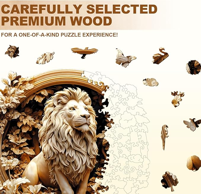 Wooden Puzzles for Adults, Forest Lion Wooden Jigsaw Puzzle 3D Visual Effect Unique Shape Animal Wood Puzzles Adult, Birthday Gifts for Puzzle Lovers Family Games (M-11.4 * 11.4in-200pcs)