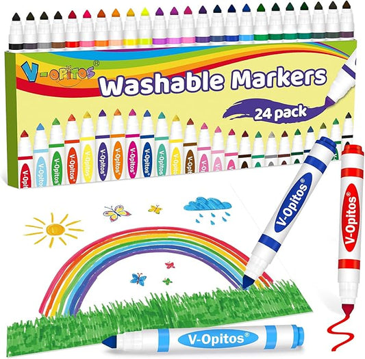V-Opitos 24 Colors Washable Markers for Kids, Colored Broad Tip Markers Set for Coloring Book, Ideal School Classroom Supplies