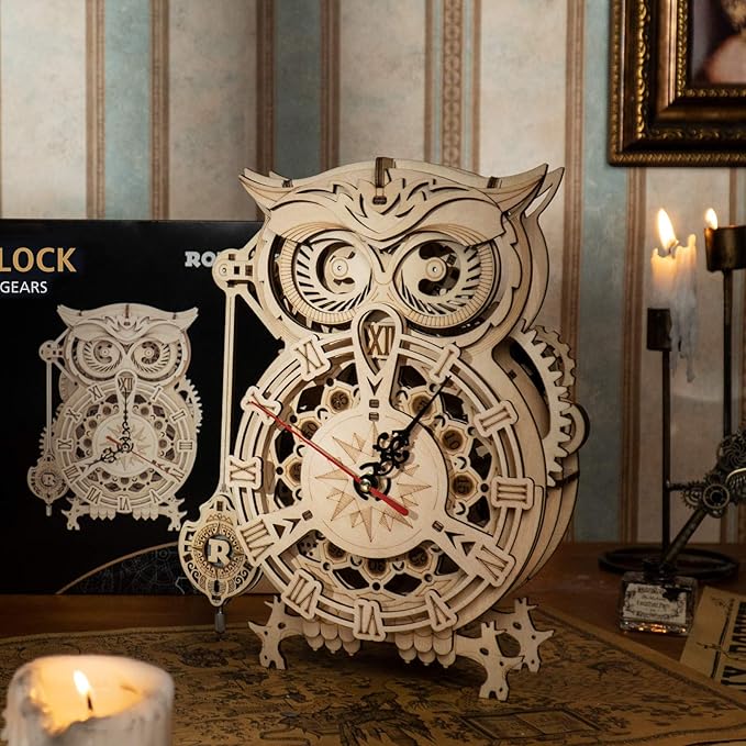 ROKR 3D Wooden Puzzle for Adults Owl Clock Model Kit Desk Clock Home Decor Unique Gift for Kids on Birthday/Christmas Day