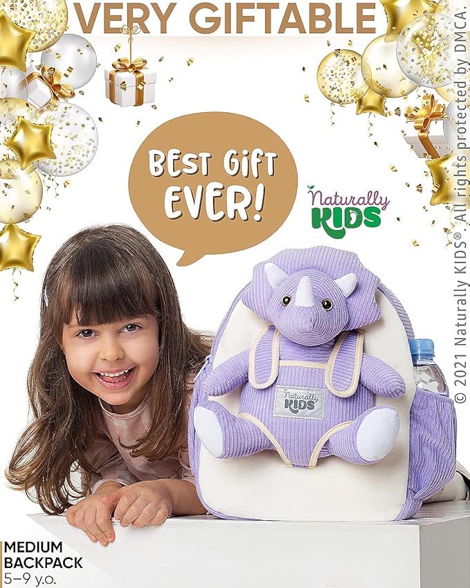 Naturally KIDS Purple Dinosaur Backpack for Girls 4-5, Triceratops Backpack, Dinosaur Gifts for 4-5 Year Old Girls