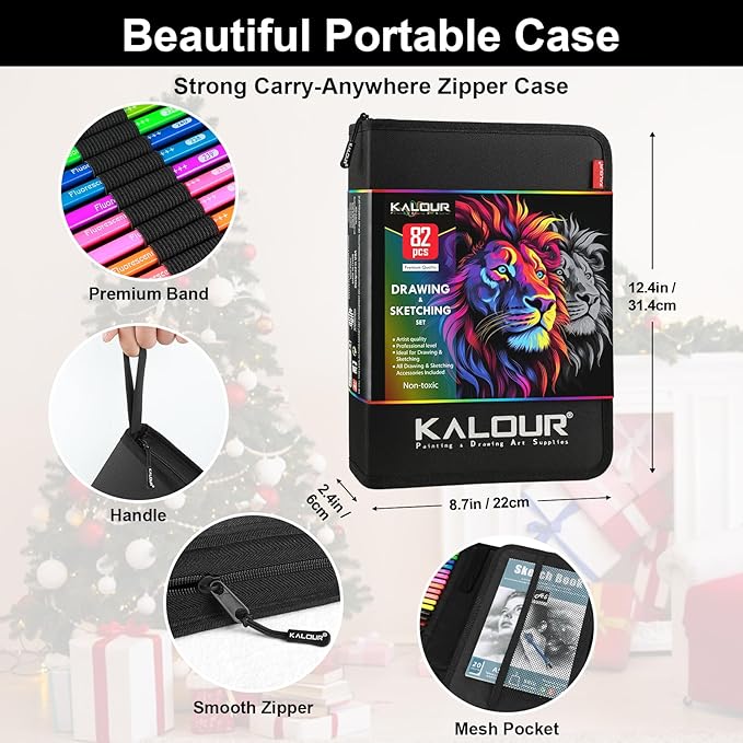 KALOUR PDAS 82 Drawing Set Sketching Kit, Art Set with Fluorescent, Colored, Watercolor, Metallic, Graphite, Charcoal Pencils, 5 Sketchbook and Coloring Book, Gift for Artists Adults Teens Beginner