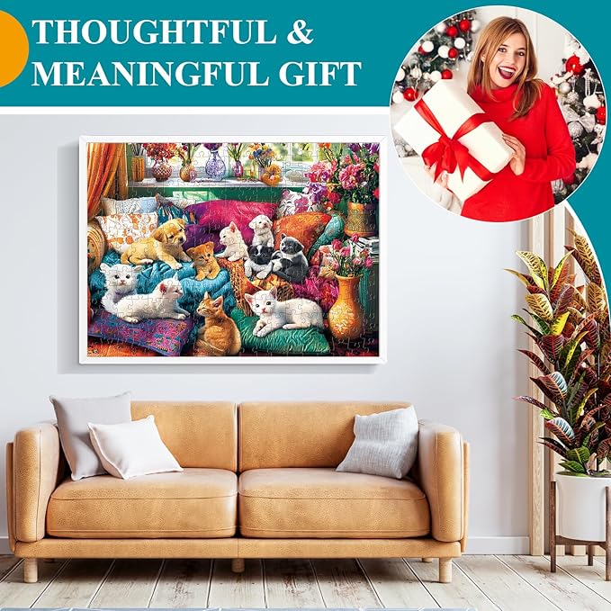 300 Piece Puzzles for Adults, Dogs Kittens on The Sofa at Play Puzzle for Adults Kids Seniors,Large Piece Puzzle for Kids Ages 8-10 10-12,Funny Sleepy Cats Puzzles Perfect for Game Nights,20.5x15 in
