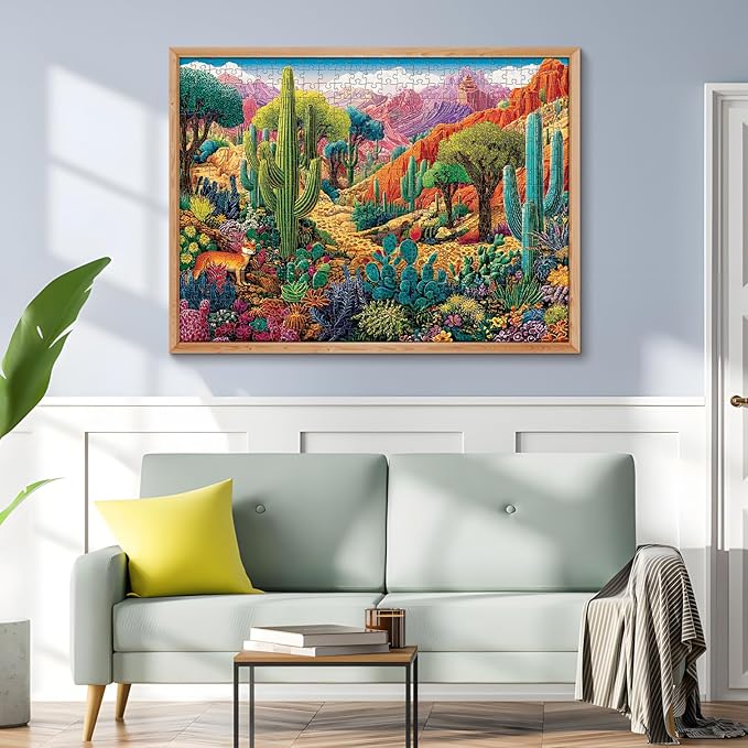 500 Piece Jigsaw Puzzles for Adults, Colorful Desert 500 Piece Puzzle, Vibrant Landscape with Cacti, Fox and Mountains Jigsaw Puzzles, Relaxing Gift for Adults, Kids, Seniors, 20.5 x 15 in
