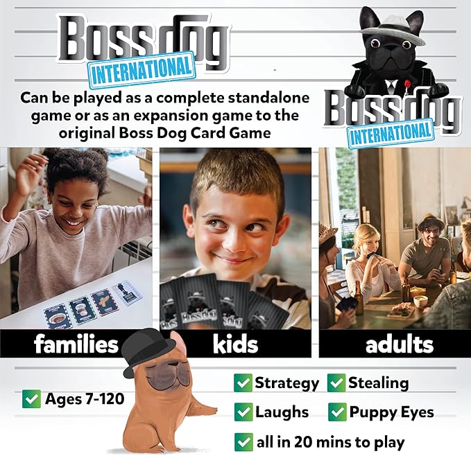 BOSS DOG GAMES Boss Dog International Stand Alone Game or Expansion Play for Boss Dog The Card Game - Simple, Strategic Card Game for Kids, Adults & Family - Parties, Trips, Game Night - Ages 7+
